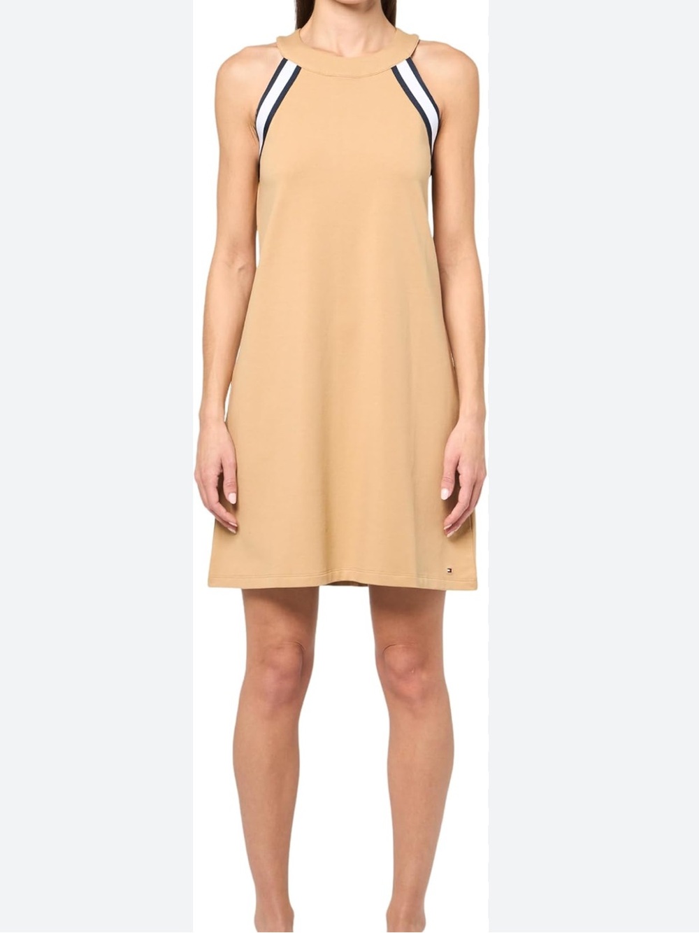 Tommy Hilfiger Women's Halter French Terry Mini Dress Tan Brown Navy White Large